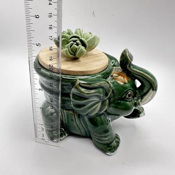 Elephant Succulent Planter Vtg Green Lucky Trunks Up Bamboo MCM Candle Holder - Picture 9 of 9